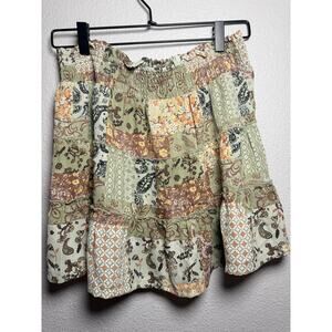 Boho Patchwork Ruffle Mini Skirt - Sage Green